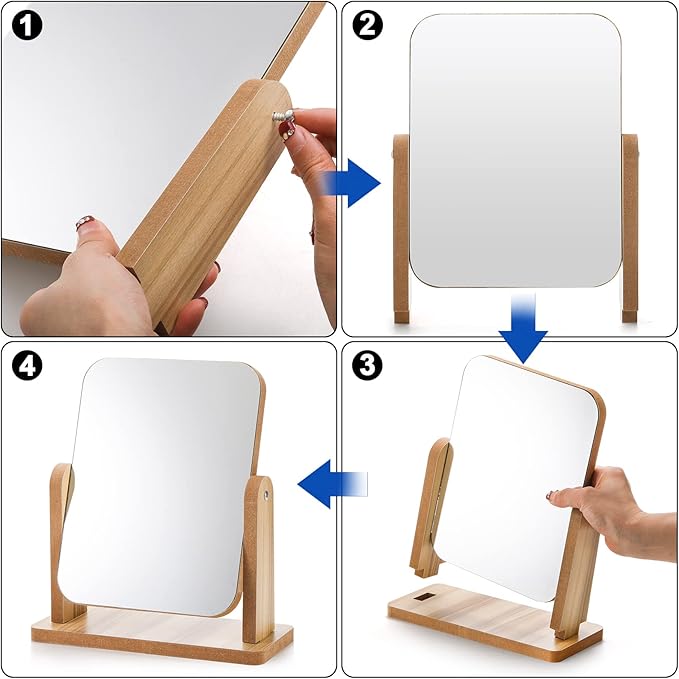 DEAYOU 2 Pack Vanity Mirror with Wood Stand, 360 Degree Rotation Makeup Mirror, Small Standing Swivel Cosmetic Mirror, Portable Wood Tabletop Mirror for Desk, Make Up, Gift, High-Definition