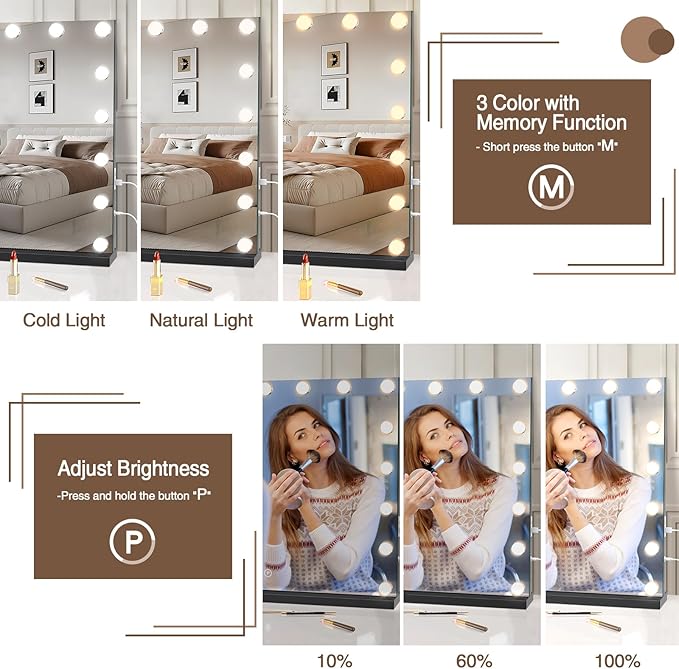 halumao Vanity Mirror with Lights, 31.5" x 23.6" Large Makeup Mirror with LED Lights, Smart Touch Dimmable 3-Color Light, Memory Function, USB Charging Port Black