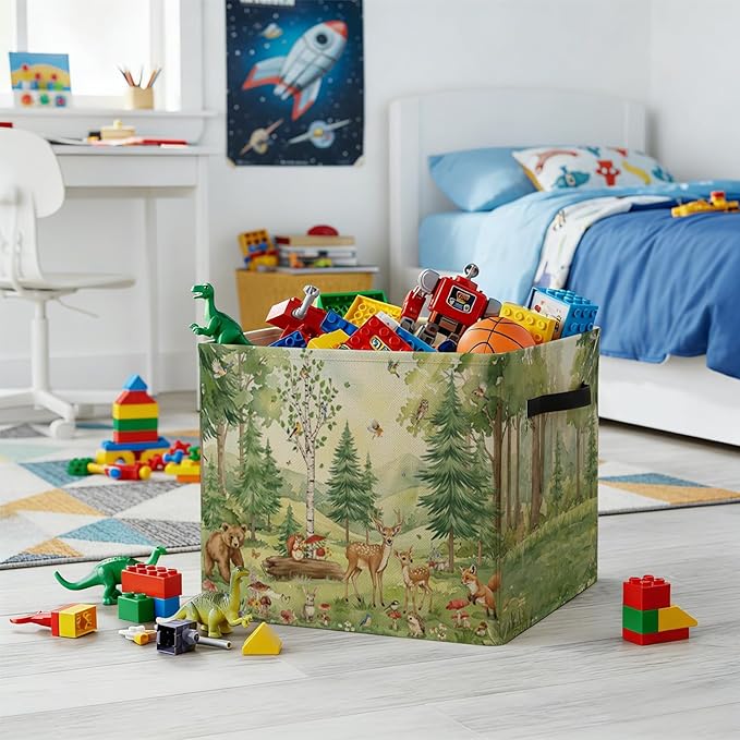 Forest Animal Nursery Storage Bin Box with Handles, Rustic Botanical Wild Animal Foldable Baskets Organizer for Kids Room Nursery Bathroom Clothes Toys Books, Toybox for Boys Girls