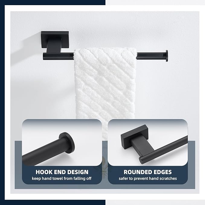 Suyar Hand Towel Holder Matte Black, SUS 304 Stainless Steel Hand Towel Rack for Bathroom Kitchen, Wall Mounted