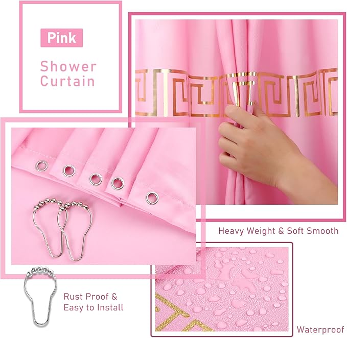 XLHOMO Bathroom Sets with Shower Curtain and Rugs Bathroom Accessories Set Pink Bathroom Set,Shower Curtain Set with Stainless Steel Trash Can