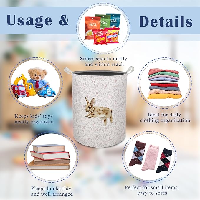 Pink Floral Bunny Laundry Basket Hamper, Bunny Nursery Decor, Pastel Wildflower Rabbit Foldable Clothes Toys Books Storage Box Bins Baskets Organizer for Girls Kids Bedroom Bathroom
