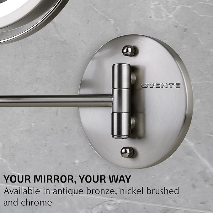 OVENTE Wall Mounted Lighted Makeup Mirror, 7" Double Sided 1X/10X Magnifying Vanity Mirror for Bathroom with LED Lights, Cordless, 360° Rotation and 13" Extendable Arm, Nickel Brushed MFW70BR1X10X