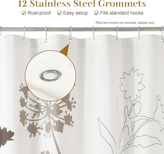 Silhouette Cream Flower Fabric Leaves Plants Tan Printed Waterproof Ivory Shower Curtain,Beige Floral Brown Bathroom Curtains,72" W x 78" L
