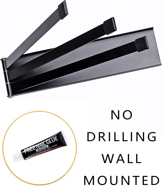 Swing Towel Holder Rack Matte Black, Wall Mounted Towel Bar Swivel with 3-Arm for Bathroom Kitchen Storage