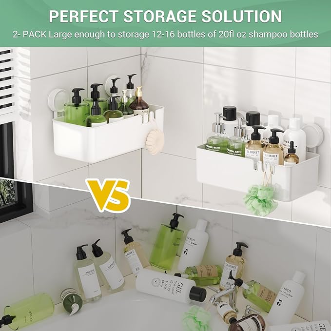 LUXEAR Shower Caddy Suction Cup Shower Basket 2 Pack, NO-Drilling Removable Plastic Shower Shelf Organizer for Bathroom Storage & Kitchen Max Hold 22lbs,Waterproof,One Second Installation Shower Rack