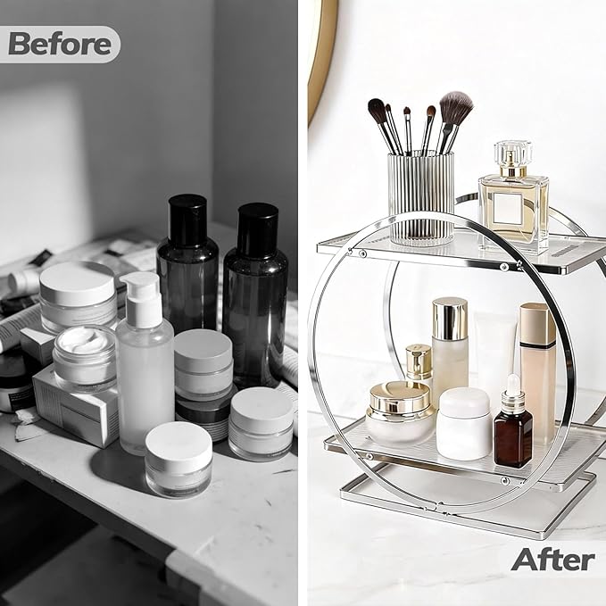 BO2704 2 Tier Bathroom Organizer, Perfume Organizer for Dresser, Silver