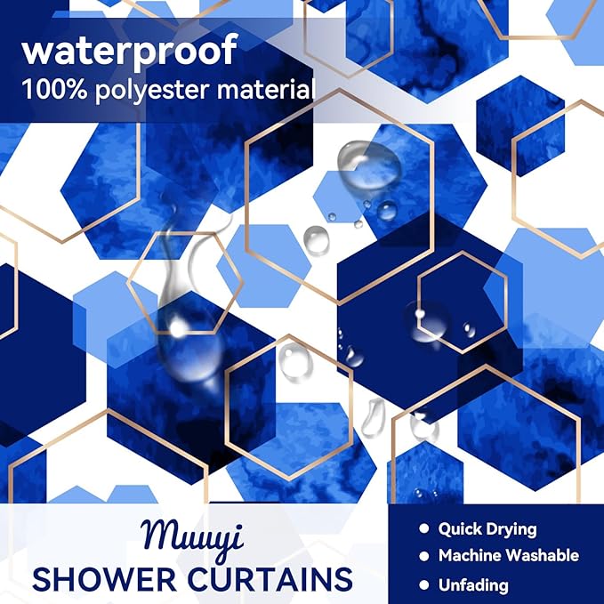 Muuyi 4Pcs Blue White Geometric Shower Curtain Set, Neutral Modern Art Deco Shower Curtain with Hooks, Elegant Trendy Simple Bathroom Sets with Shower Curtain and Rugs, 71 * 71in