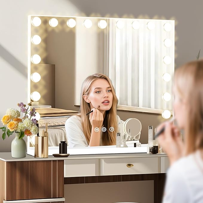 Moonee Vanity Mirror with Lights, Hollywood Lighted Makeup Mirror with 21 Dimmable Bulbs and 10X Magnification, 3 Colors Modes, Aluminum Metal Frame, Light Up Mirror for Tabletop/Wall（40" x 30"）