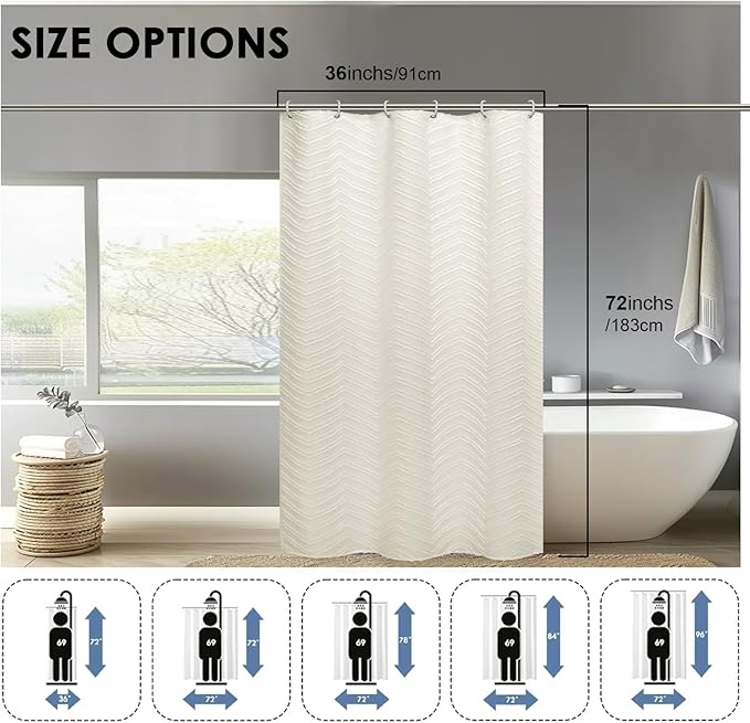 OVZME Beige Shower Curtain Fabric for Bathroom, Soft Fabric Shower Curtain Hotel Quality, Textured Tufted Chevron Striped Premium Polyester Protect Privacy Bath Decor, 36Wx72L Inches