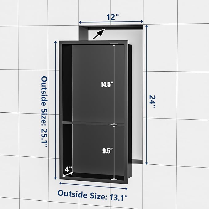 Neodrain Shower Niche Insert Tile-Ready Recessed Wall Niche for Shower Organizer - Stainless Steel No Tile Needed Built-in Bathroom Shelf, 2-Tier12x24 Inch Easy Install, Matte Black