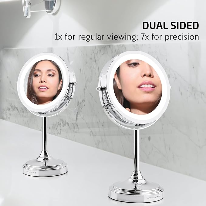 OVENTE 7'' Lighted Tabletop Makeup Mirror, 1X & 7X Magnifier, Spinning Double Sided Round LED, Great for Vanity, Bath, & Bedroom, Battery Powered, Polished Chrome MCT70CH1X7X (Pack of 2)