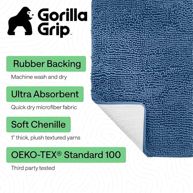 GORILLA GRIP Bath Rug Mat 60x24, Thick Soft Absorbent Chenille, Quick Dry Microfiber Mats, Rubber Backing Washable Shower Floor Rugs, Bathmat Runner, US Designed Bathroom Home Decor Accessories Blue