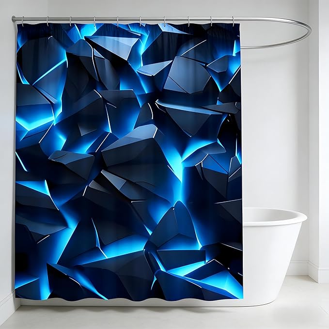 Yizheer 4Pcs Blue Geometry Rock Modern Shower Curtain Set with 12 Rustproof Hooks Bath Mat Toilet Cover U Shaped Mat- PEVA Material, 72x72 Inches, Bathroom Shower Curtain for Bathtub (Blue Rock)