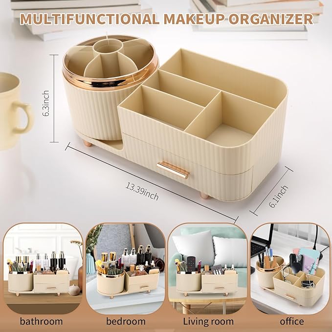 Beborxue 360?? Rotating Makeup Organizer for Vanity with Drawers, Large Capacity Cosmetic Display Case, skincare organizer, Cosmetic Organizer for Lipstick, Skincare, Brushes, Eyeshadow, (Rice White)