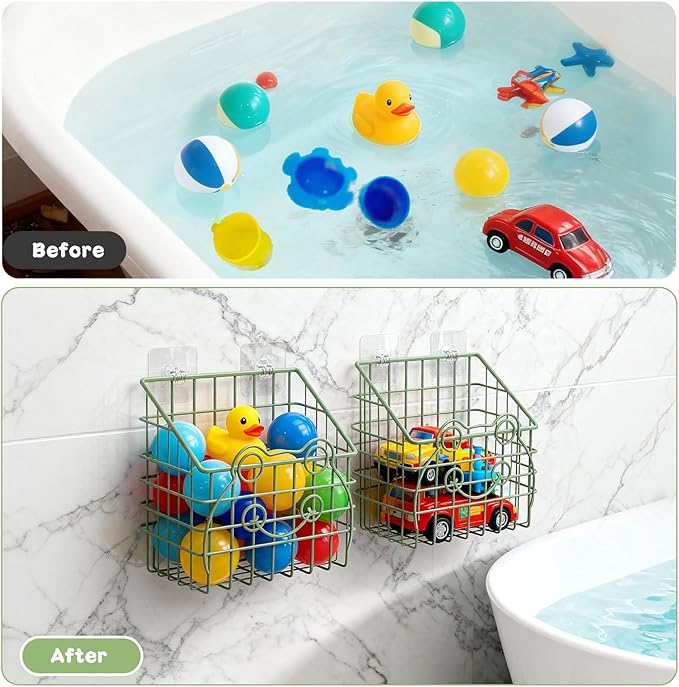 Greentainer 2 PackBath Toy Organizer, Wall Mounted Shower Storage Basket - Metal Bathtub Toy Holder with Hooks for Sorting Kids Toys, Baby Bath Accessories, Toiletries & Shampoo（Green frog）