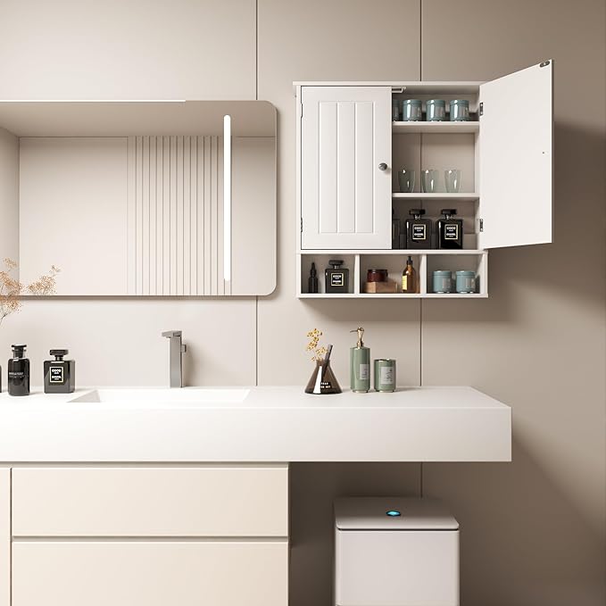 Bathroom Medicine Cabinet 2 Doors with 3 Open Shelves, Over The Toilet Storage Wall Mounted Medicine Cabinet with Adjustable Partitions，Home Cabinet for Bathroom,Living Room,Kitchen,White