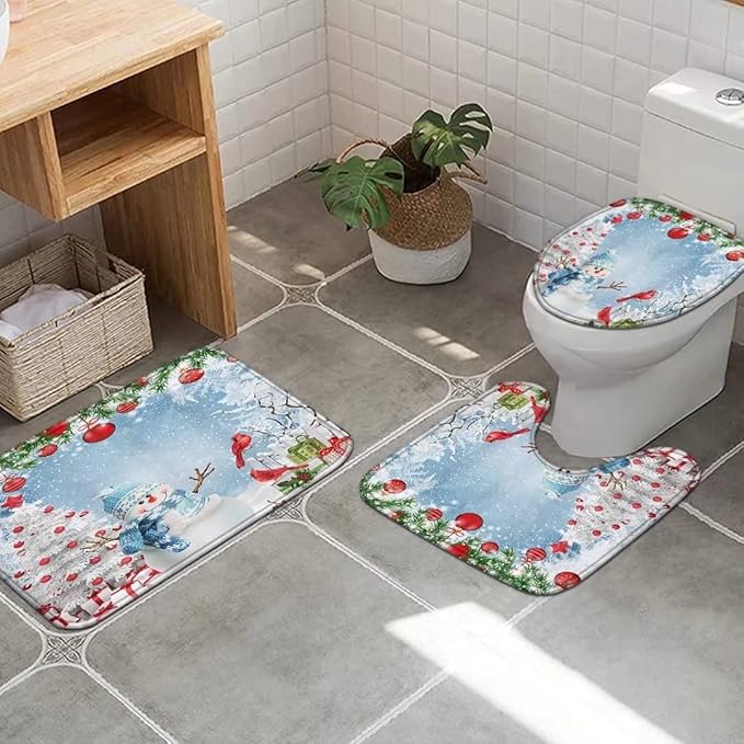 NBVKO Christmas Snowman Waterproof Set Shower Curtain,with Non-Slip Rugs,Toilet Lid Cover and Bath Mat,Bathroom Decor Accessory Set