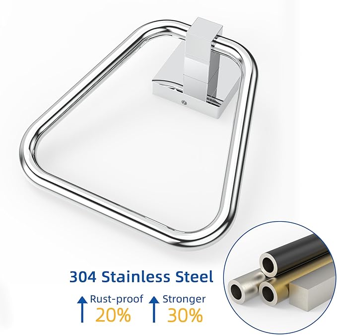 RUACQ Towel Ring, Square Base Hand Towel Ring, Stainless Steel Hand Towel Holder for Bathroom Wall, Sturdy and Rust-Resistant (Chrome)