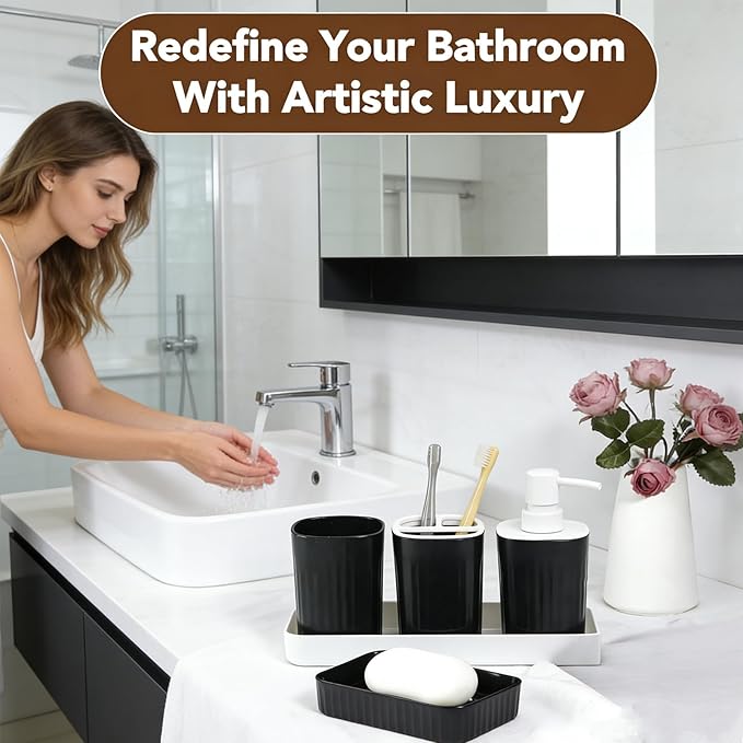 Bathroom Accessories Set 5pcs- Bathroom Set, Plastic Bathroom Accessory Sets with Lotion Soap Dispenser, Soap Dish, Toothbrush Holder, Toothbrush Cup, Vanity Tray, Boho, Modern Bath Decor, Matte Black