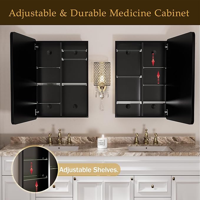 Medicine Cabinet with Mirror 20x30 Inch, Black Aluminum Bathroom Cabinet Recessed or Surface Mount, 8 Adjustable Shelves with Anti Tip Acrylic Guards, Rust Proof Wall Mirror for Vanity