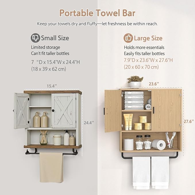 Bathroom Cabinet Wall Mounted: Over The Toilet Storage Cabinet with Adjustable Shelf & Towels Bar - 3-Tier Wood Medicine Cabines Large Space