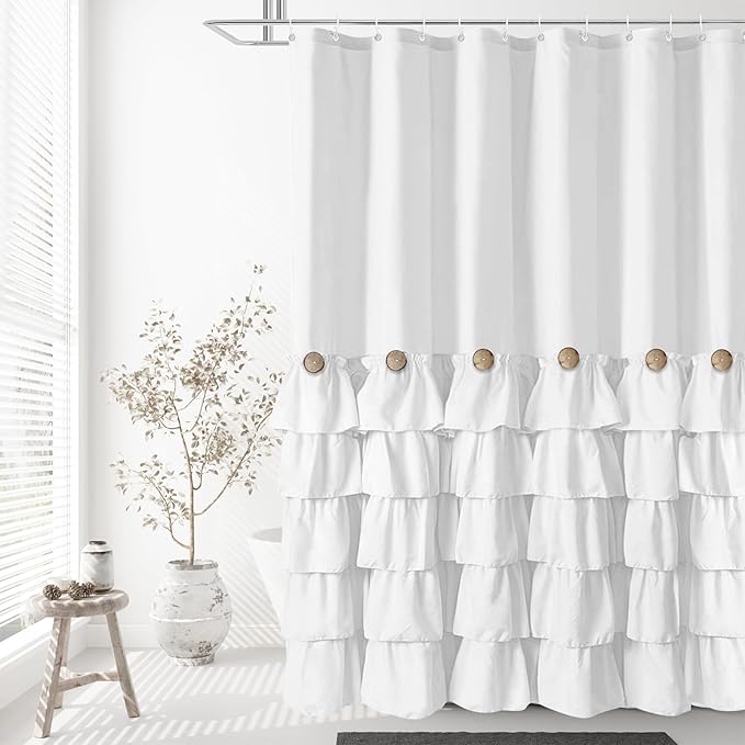 Seasonwood White Ruffle Shower Curtain Farmhouse Shower Curtain 72 X 84 inch Fabric Shower Curtains with Buttons & White Ruffles for Bathroom Bathtubs Decor Accessory