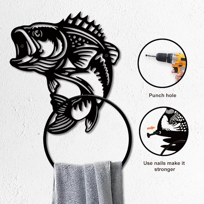 MAYJOYDIY Fish Metal Towel Ring Fishing Theme Towel Holder Animal Bath Towel Ring for Wall Black Art Towel Rack Wall Mounted for Bathroom Kitchen Towel Hanger Home Decors Gift