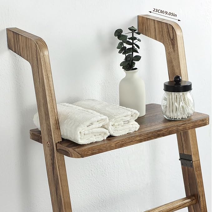 Taozun 67-Inch Wooden Blanket Ladder with Shelf for Living Room - 5-Tier Farmhouse Towels and Quilt Rack Decor - Leaning Wall Display Holder for Blankets and Throws