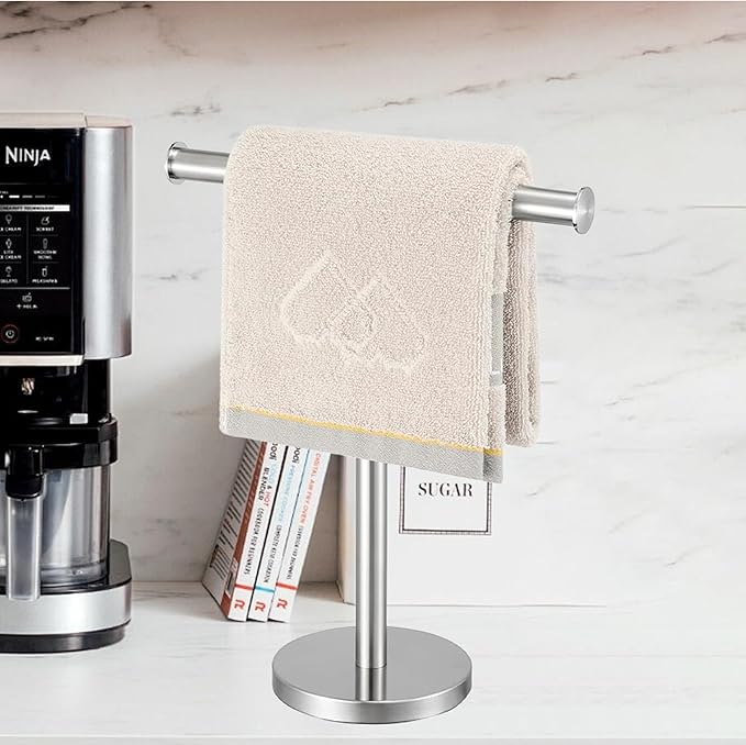 15IN Hand Towel Holder,T-Shape Hand Towel Holder Standing,Stainless Steel Hand Towel Rack for Bathroom Kitchen Countertop,Tower Bar for Kitchen Free Standing Hand Towel Rack (Silver)
