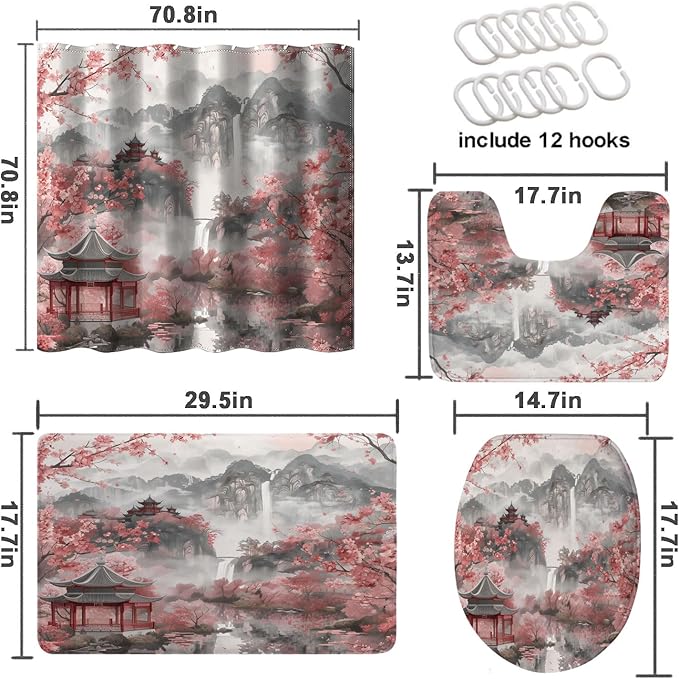 Watercolor Cherry Blossom Shower Curtain Set with Non-Slip Rugs, Toilet Lid Cover and Bath Mat, Chinese Landscape Ink Painting Bathroom Shower Curtain with 12 Hooks Accessories Decorative