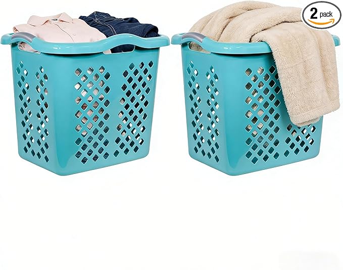 (2-Pack) 2 Bushel Plastic Laundry Baskets with Handles, Featuring Ventilation Design. Suitable for Laundry and Storage. Applicable to Bedrooms, Bathrooms, Dormitories. Convenient to carry. (‎Blue)