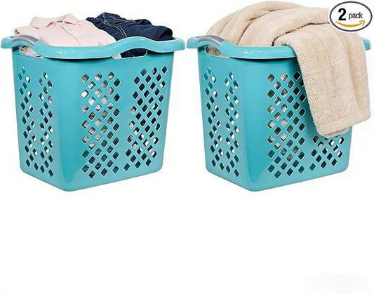 (2-Pack) 2 Bushel Plastic Laundry Baskets with Handles, Featuring Ventilation Design. Suitable for Laundry and Storage. Applicable to Bedrooms, Bathrooms, Dormitories. Convenient to carry. (‎Blue)