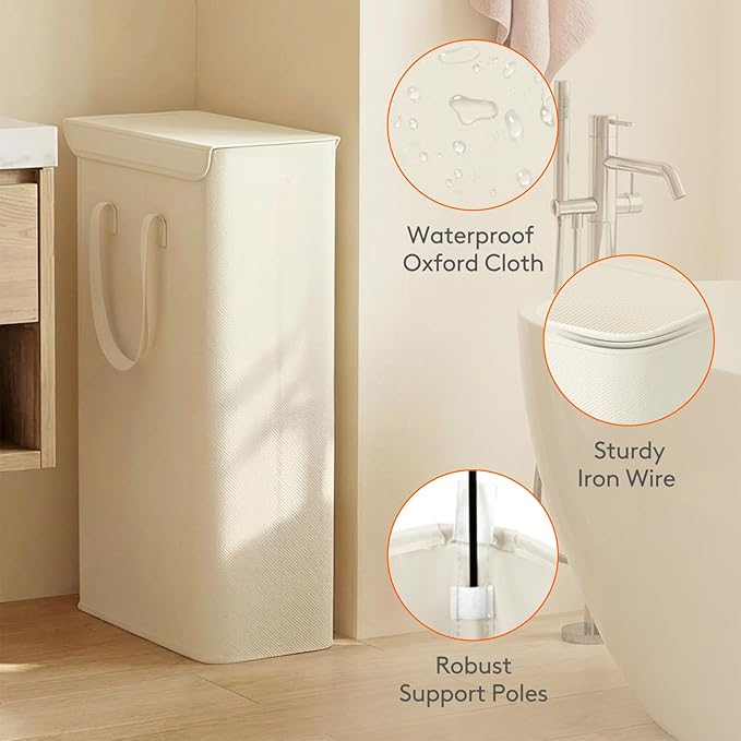 Lifewit Narrow Hamper with Lid, Tall Laundry Basket Collapsible, Slim Laundry Bin Dirty Clothes Storage with Easy Carry Extended Handles, 64L White