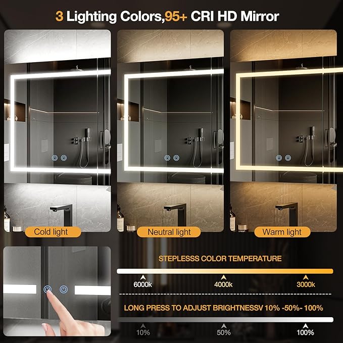 LED Lighted Bathroom Medicine Mirror Cabinet with 3-Color LED Lights, Anti-Fog, Dimmable, Wall Mount, 3-Adjustable Shelves, Wall Mounted Bathroom Mirror with Storage (24‘’×32‘’)