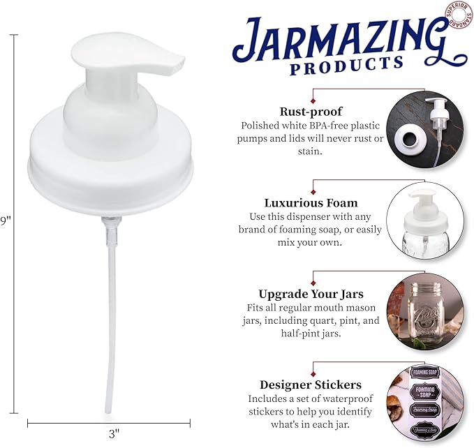 Jarmazing Products Mason Jar Foaming Soap Dispenser Lids - Includes Waterproof Stickers! - White - 2 Pack