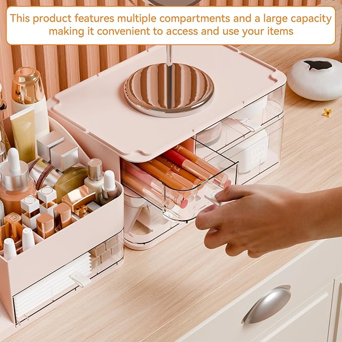 Yieach Countertop Makeup Organizers With Brush Holder,Big Skincare Organizers for Vanity,Dresser,Bathroom,Plastic Cosmetics Storage Organizer with 4 Drawers for Lotion,Beauty,Hair Product & Tool,Pink