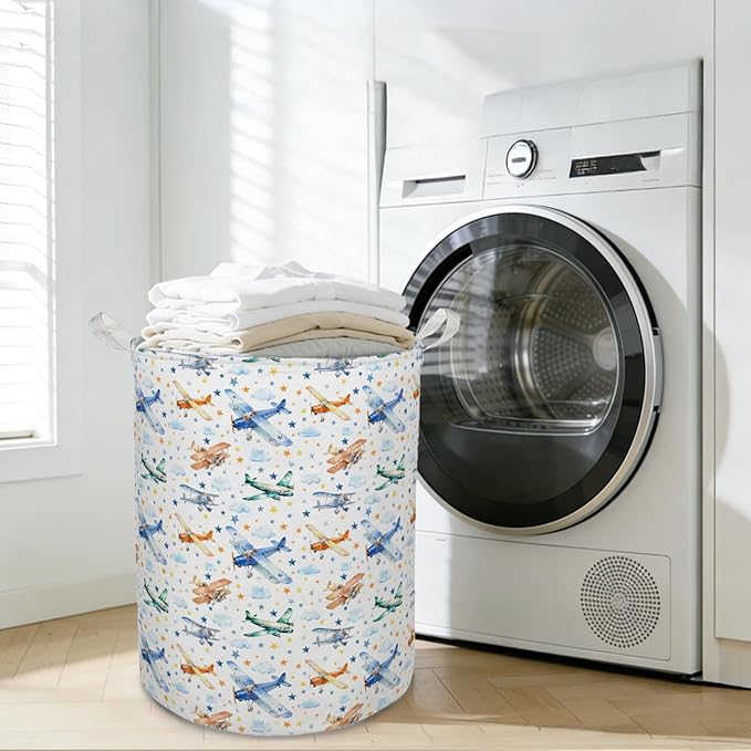 Retro Airplane Nursery Laundry Basket Hamper, Airplane Decor for Boys Room, Space Star Cloud Foldable Clothes Toys Books Storage Box Bins Baskets Organizer for Boys Kids Room Playroom