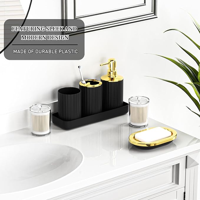 Black and Gold Bathroom Accessories, Bathroom Sets with Shower Curtain and Rugs, Bath Rugs Accessory Set with Bathroom Trash Can, Soap Dispenser, Soap Dish for Home Decor