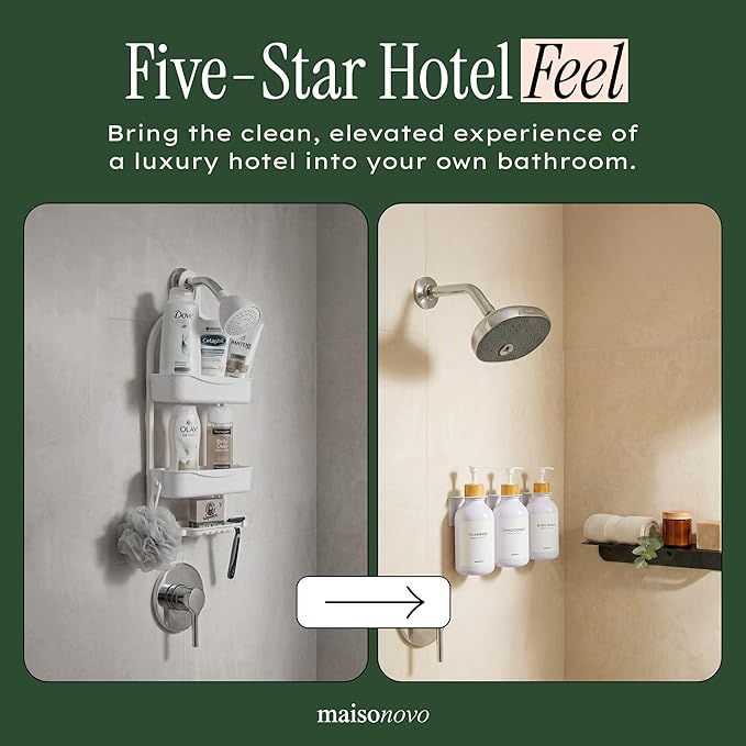Shampoo and Conditioner Dispenser Wall Mounted Set of 3 White Bamboo - No Drill Shower Soap Dispenser for Bathroom Refillable - Spa Hotel Style Accessories by MaisoNovo