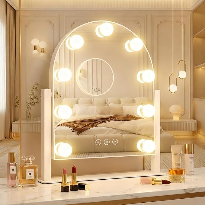 Arched Makeup Vanity Mirror with Lights LED Makeup Mirror Detachable 10X Magnification, Hollywood Make Up Mirror with Lighting, Smart Touch, Rechargeable,360° Rotation,White 14.17"x 11.81"