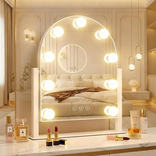 Arched Makeup Vanity Mirror with Lights LED Makeup Mirror Detachable 10X Magnification, Hollywood Make Up Mirror with Lighting, Smart Touch, Rechargeable,360° Rotation,White 14.17"x 11.81"