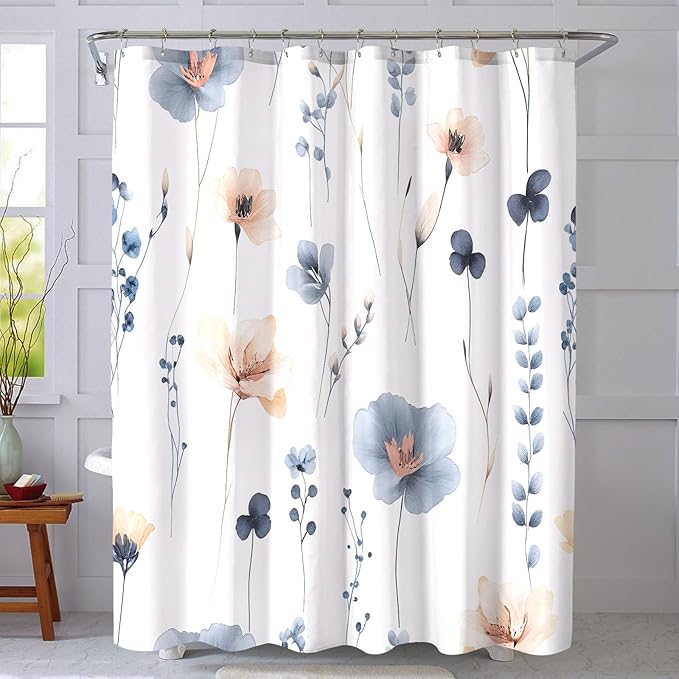 Blue Beige Floral Shower Curtain, Watercolor Flower Shower Curtains for Bathroom, Modern Minimalist Waterproof Fabric Bath Decoration 72x84 Inch
