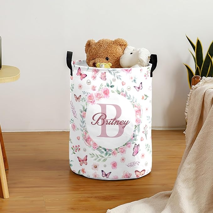 Large Custom Name Laundry Hamper, Flowers Personalized Dirty Clothes Hamper Storage Basket with Name for Bathroom Bedrooms, Customized Name Circular Hamper with Handles for Baby Boys Girls Men Women