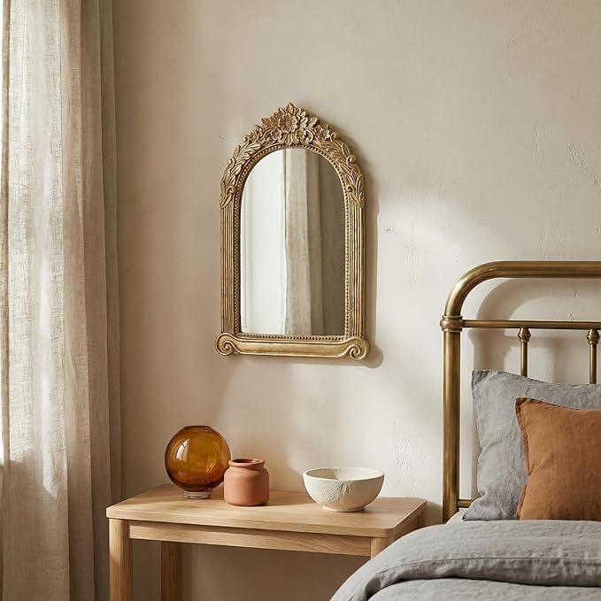 Small Gold Vintage Mirror for Desktop, 10" x 7" Antique Tabletop Vanity Mirror with Stand, Ornate Embossed Decorative Makeup Mirror for Dresser, Bedroom Aesthetic Room Decor