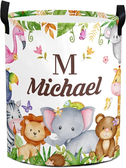 Large Custom Name Laundry Hamper, Woodland Personalized Dirty Clothes Hamper Storage Basket with Name for Bathroom Bedrooms, Customized Name Circular Hamper with Handles for Baby Boys Girls Men Women
