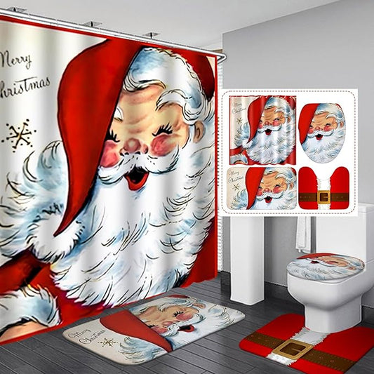 Drydiet 4 Pcs Fall Shower Curtain Sets 71 x 71 in Autumn Non Slip Rugs Toilet Lid Cover Bath Mat and 12 Hooks Fall Bathroom Shower Curtain for Thanksgiving Harvest Farmhouse Home Decor(Christmas)