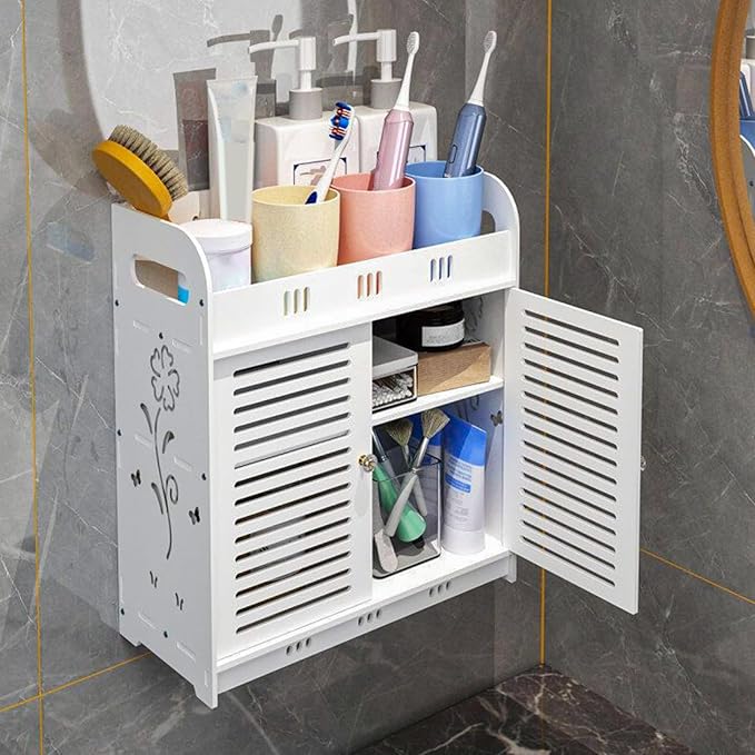 Bathroom Cabinet, Bathroom Wall Cabinet, Self-Adhesive Vent Doors Bathroom Shelf, Multi-Grid Tiers Hollow Flower Pattern Wall Mounted Bathroom Storage Rack for Bathroom, Laundry White