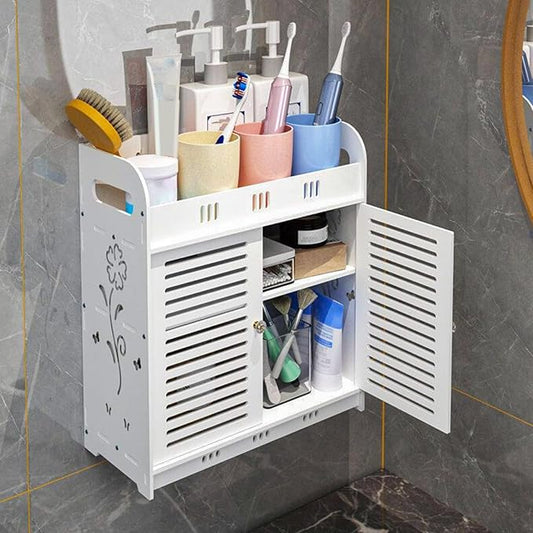Bathroom Cabinet, Bathroom Wall Cabinet, Self-Adhesive Vent Doors Bathroom Shelf, Multi-Grid Tiers Hollow Flower Pattern Wall Mounted Bathroom Storage Rack for Bathroom, Laundry White