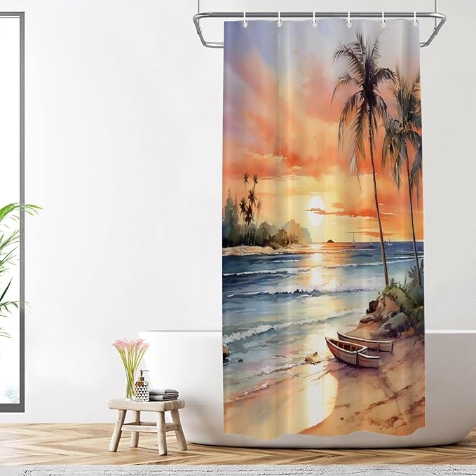 Shrahala Summer Sunset Beach Decorative Shower Curtain, Tropical Seaside Scene Bathroom Décor Polyester Fiber Waterproof with Plastic Rings for Shower Stall Bathtubs 72 X 36 in